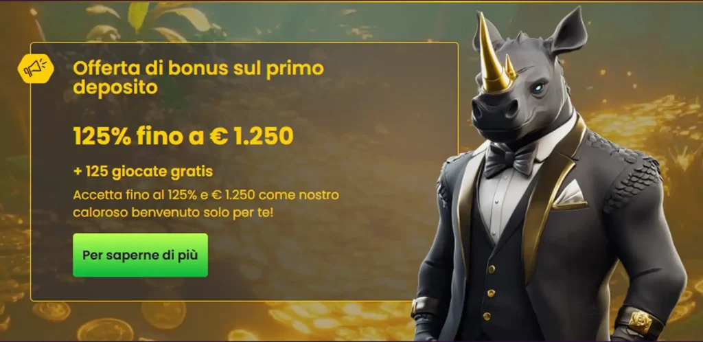 Bonus primo deposito 125% fino a €1.250 con rinoceronte elegante