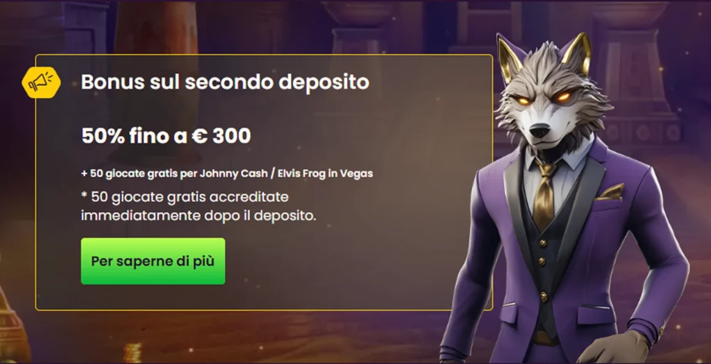 Bonus secondo deposito 50% fino a €300 con lupo in smoking