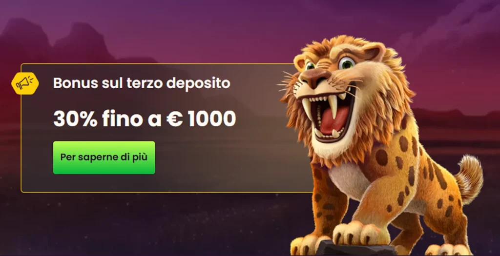 Bonus terzo deposito 30% fino a €1.000 con ghepardo sorridente