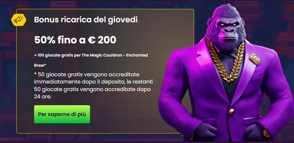 Bonus ricarica del giovedì 50% fino a €200 con gorilla in giacca viola