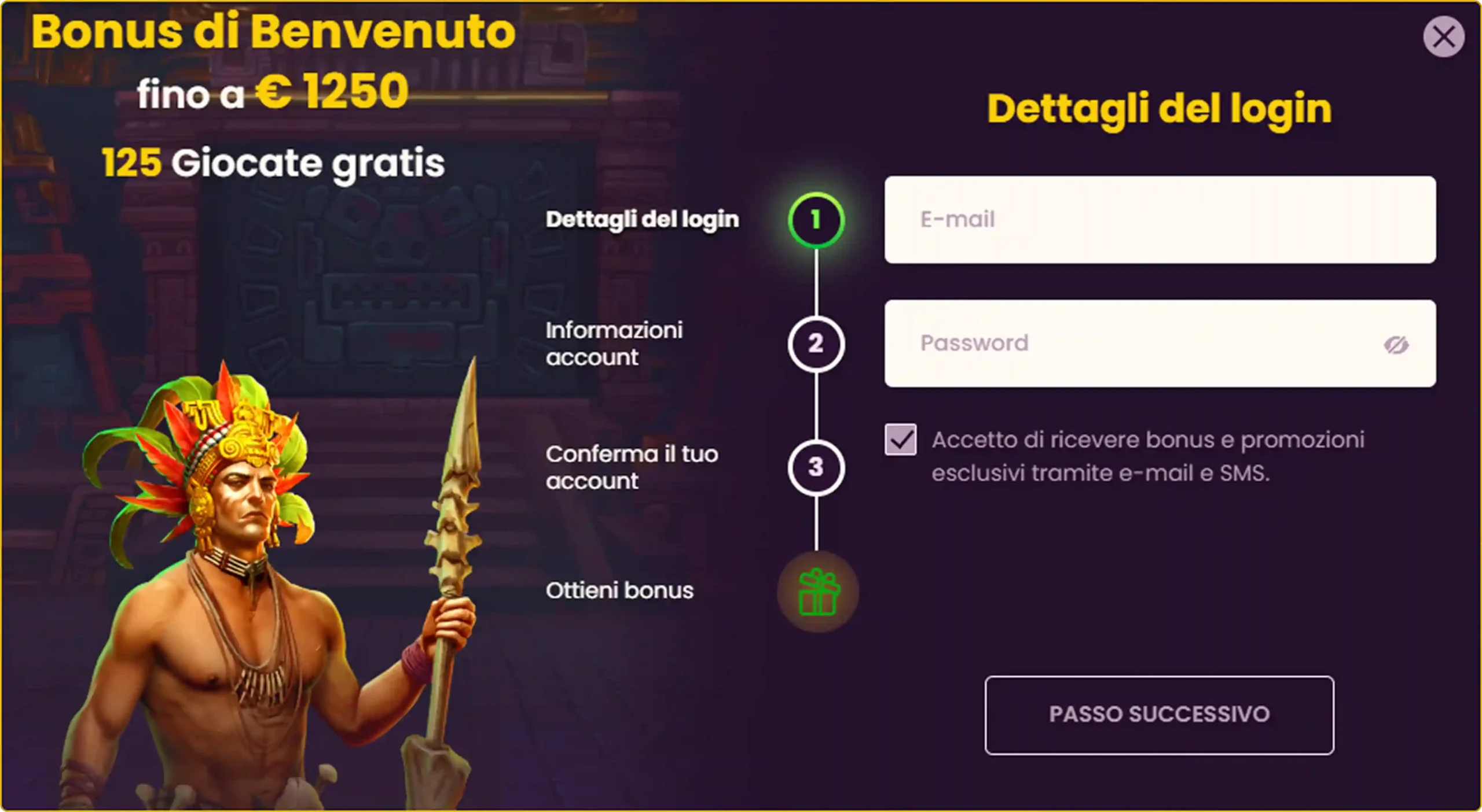 Pagina di conferma del bonus con dettagli dell'offerta