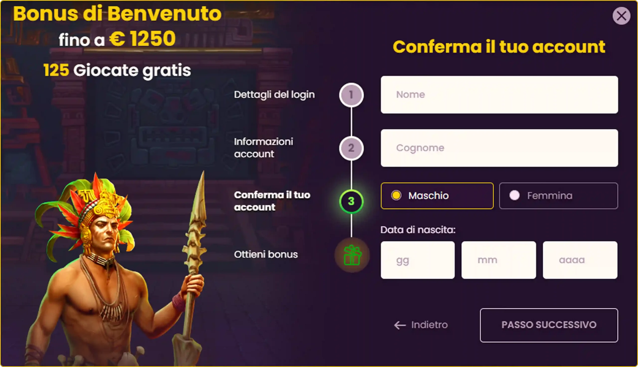 Pagina di registrazione del casinò con modulo di benvenuto